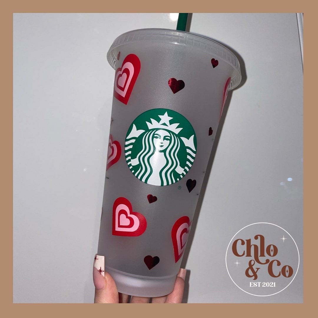 RETRO Red and Pink Heart Valentine’s day Cold Cup | Personalised Starbucks Cup Galentines Love Heart Custom Cup