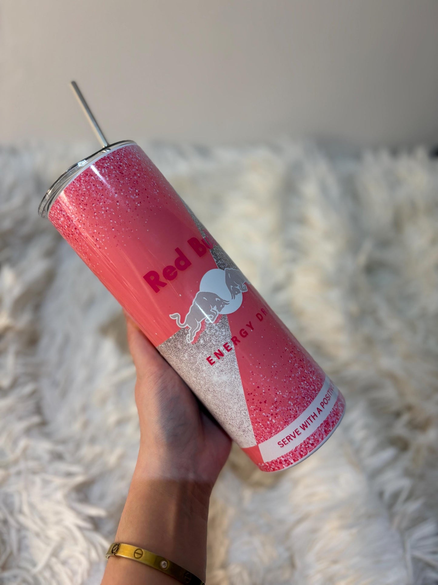Pink and Silver Glitter Red Bull Inspired Stainless Steel Tumbler with Lid and Straw | Glitter Energy Drink Cup | Custom Gift for Her