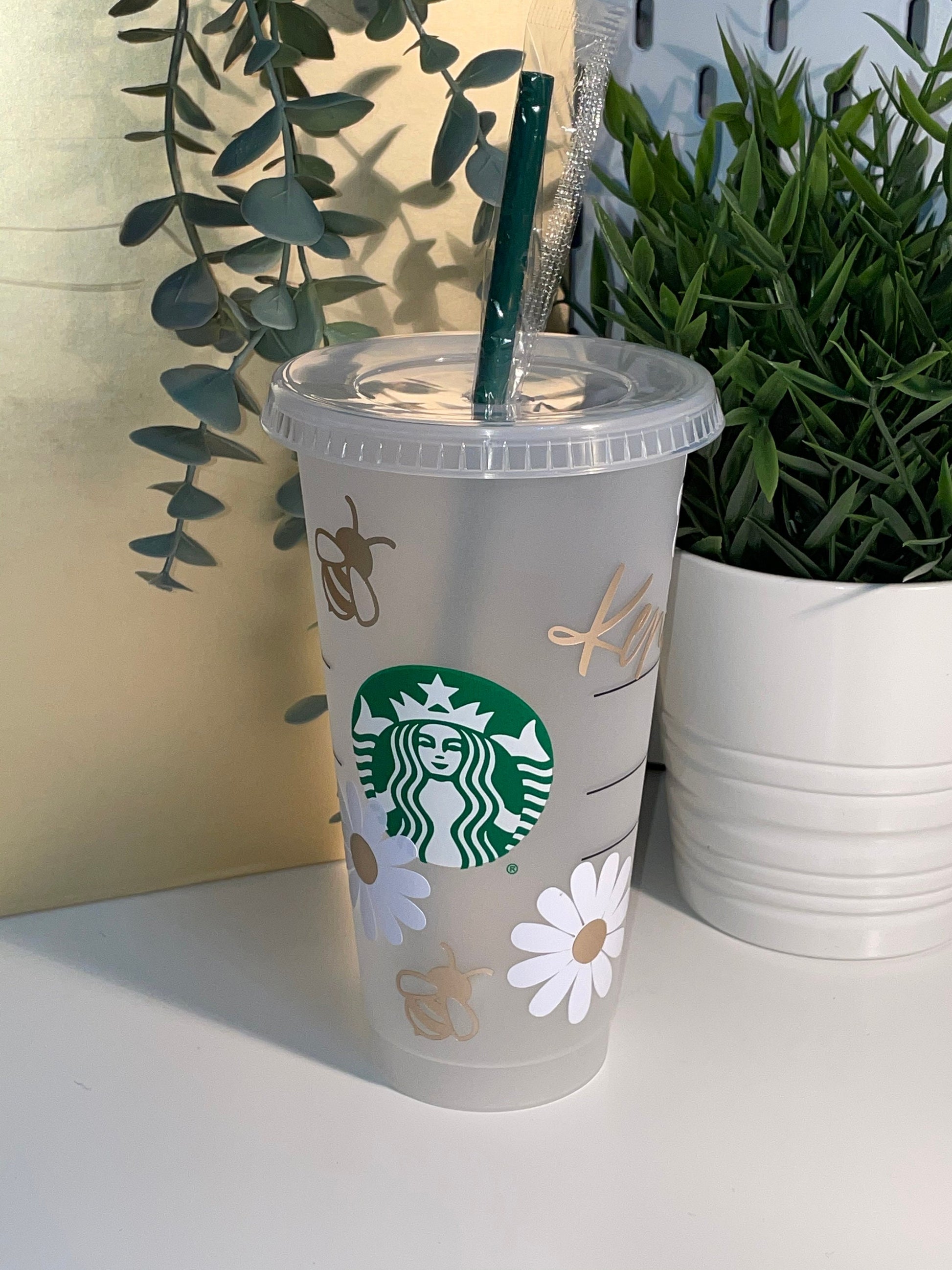 GOLDEN DAISY & BEES | Starbucks Cold Cup | Reusable Tumbler | Preppy Cup Retro Designer Inspired Cup