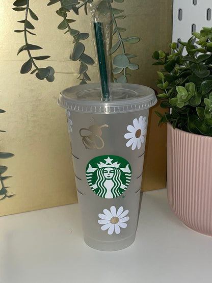 GOLDEN DAISY & BEES | Starbucks Cold Cup | Reusable Tumbler | Preppy Cup Retro Designer Inspired Cup