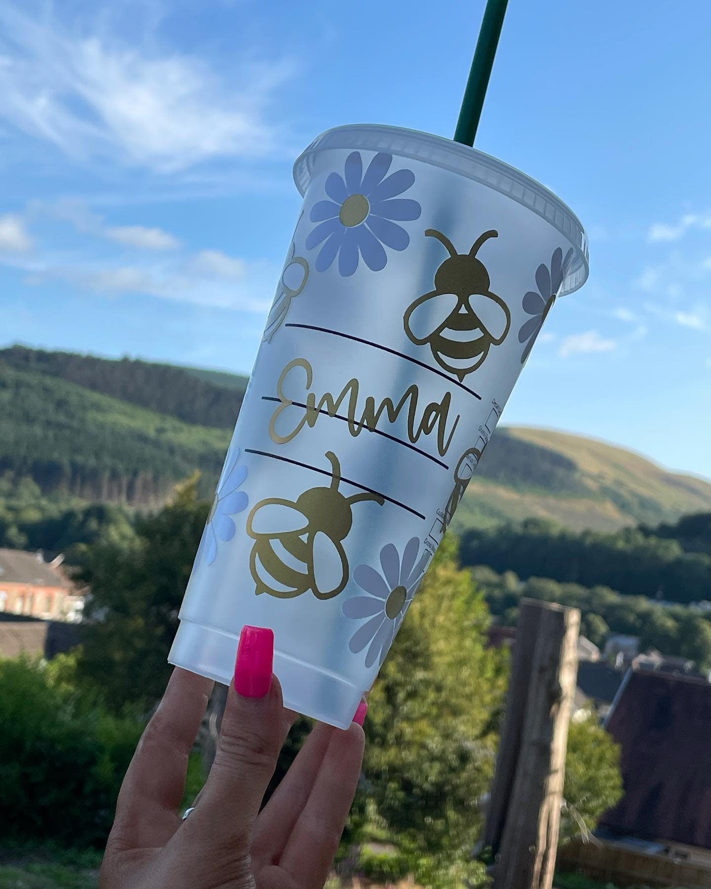 GOLDEN DAISY & BEES | Starbucks Cold Cup | Reusable Tumbler | Preppy Cup Retro Designer Inspired Cup