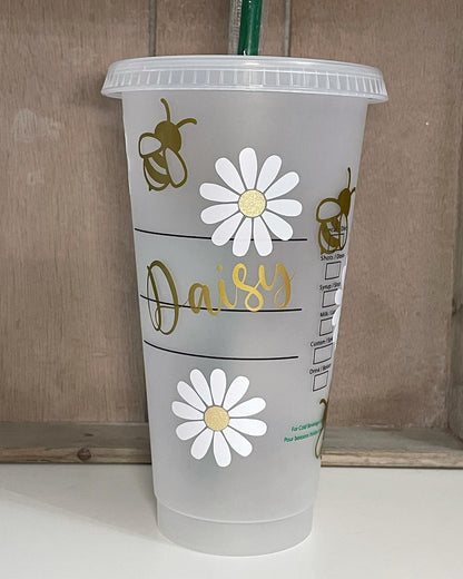 GOLDEN DAISY & BEES | Starbucks Cold Cup | Reusable Tumbler | Preppy Cup Retro Designer Inspired Cup