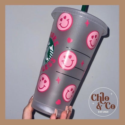 Love More Worry Less Cold Cup | Custom Starbucks Tumbler | Personalised Smiley Face Cup