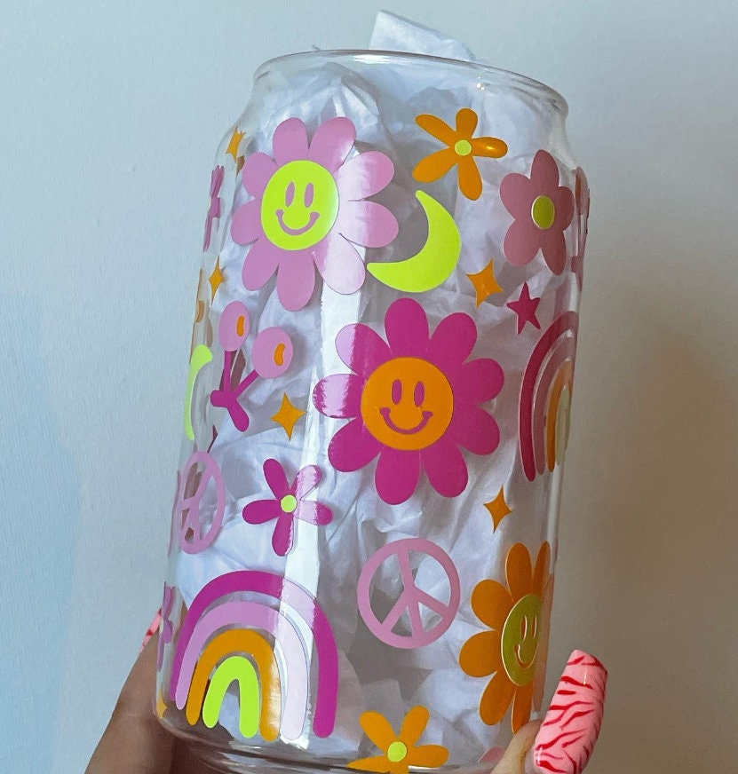 Retro Y2K Libbey Glass 16oz Libbey Can Flower Rainbow Pattern Wrap Libbey Cup Beer Can