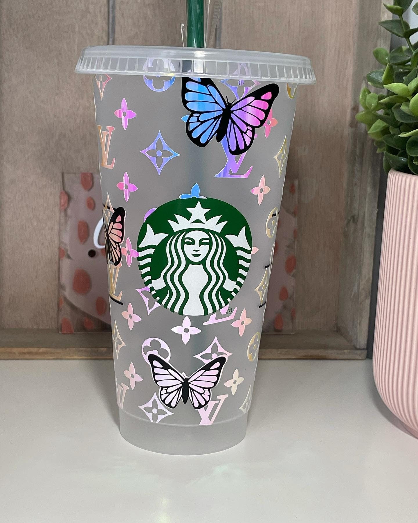 CUSTOM Cold Cup Design | Butterflies Influencer Inspired Tumbler | Reusable Tumb;er | Starbucks Cold Cup UK | Straw and Lid Included