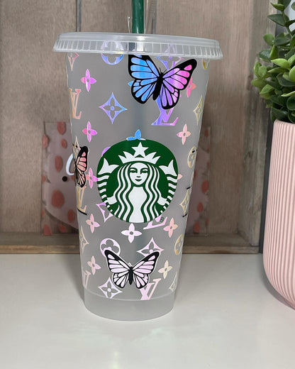 CUSTOM Cold Cup Design | Butterflies Influencer Inspired Tumbler | Reusable Tumb;er | Starbucks Cold Cup UK | Straw and Lid Included