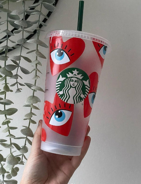 HEART EYES Cold Cup | Personalised Love Heart Starbucks Tumbler | Valentines Day Cute Love Eye