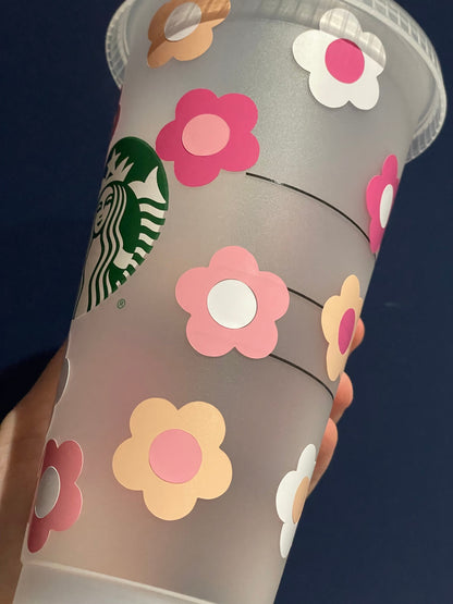 PREPPY FLOWERS Custom Cold Cup UK | Personalised Tumbler Designs | Retro Reusable Cold Cups | Straw and Lid Included