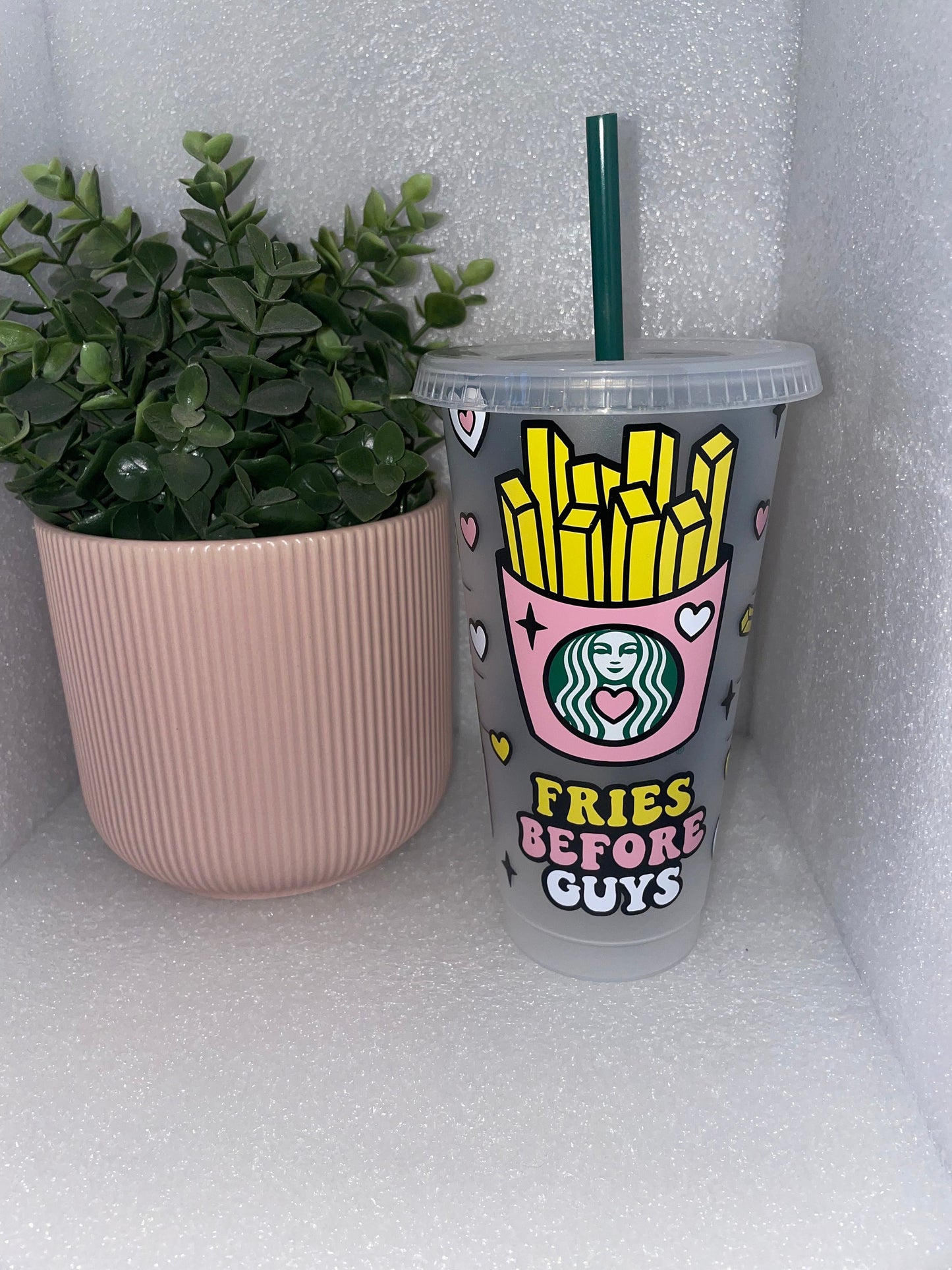 FRIES BEFORE GUYS Cold Cup | Personalised Starbucks Tumbler | Cute Preppy Anti Valentine’s Day Custom Iced Coffee Cup | Retro Y2K Funky