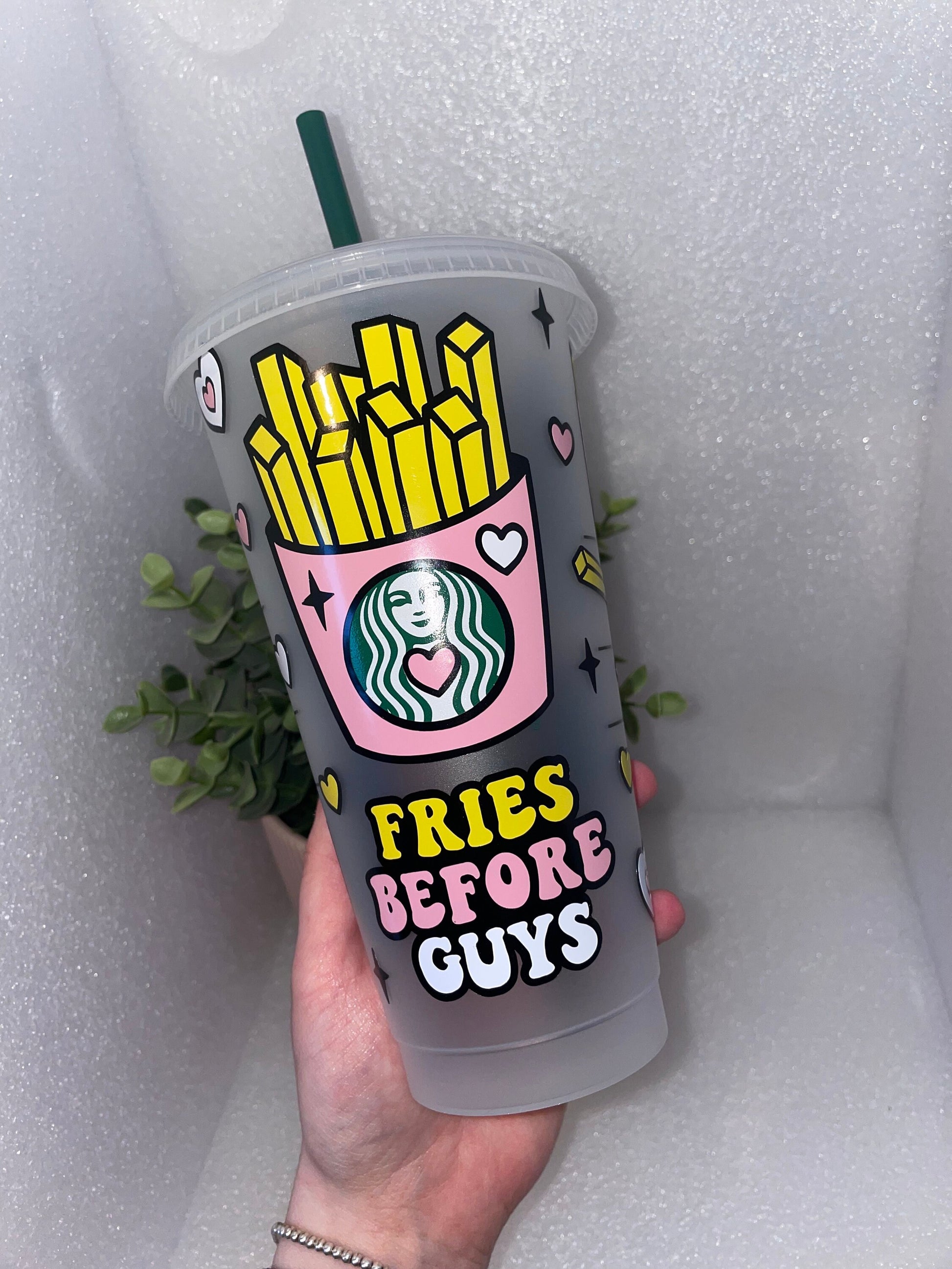 FRIES BEFORE GUYS Cold Cup | Personalised Starbucks Tumbler | Cute Preppy Anti Valentine’s Day Custom Iced Coffee Cup | Retro Y2K Funky