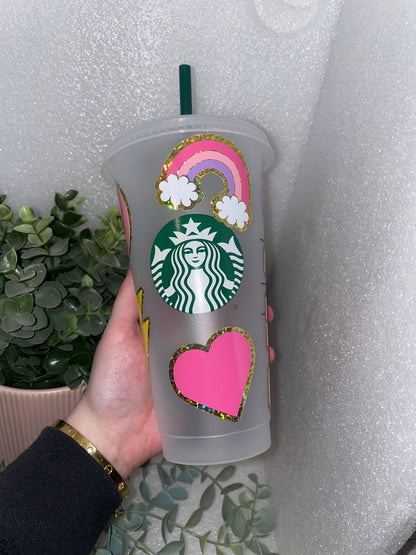 GLITTER PATCH STYLE Cold Cup | Personalised Starbucks Tumbler | Cute Preppy Custom Iced Coffee Cup | Retro Y2K Funky