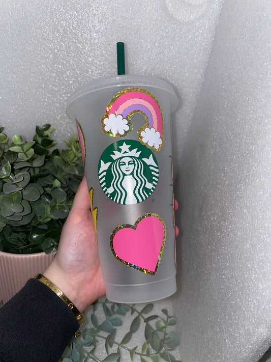 GLITTER PATCH STYLE Cold Cup | Personalised Starbucks Tumbler | Cute Preppy Custom Iced Coffee Cup | Retro Y2K Funky