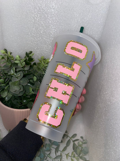 GLITTER PATCH STYLE Cold Cup | Personalised Starbucks Tumbler | Cute Preppy Custom Iced Coffee Cup | Retro Y2K Funky