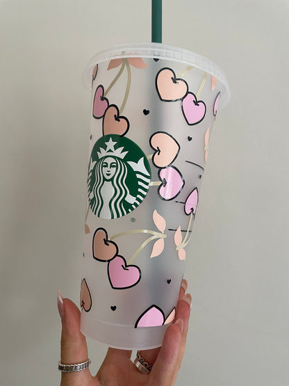 CHERRY HEARTS | Cute Custom Cold Cup UK | Retro Preppy Theme Tumbler Designs | Customisable Cold Cups | Straw and Lid Included