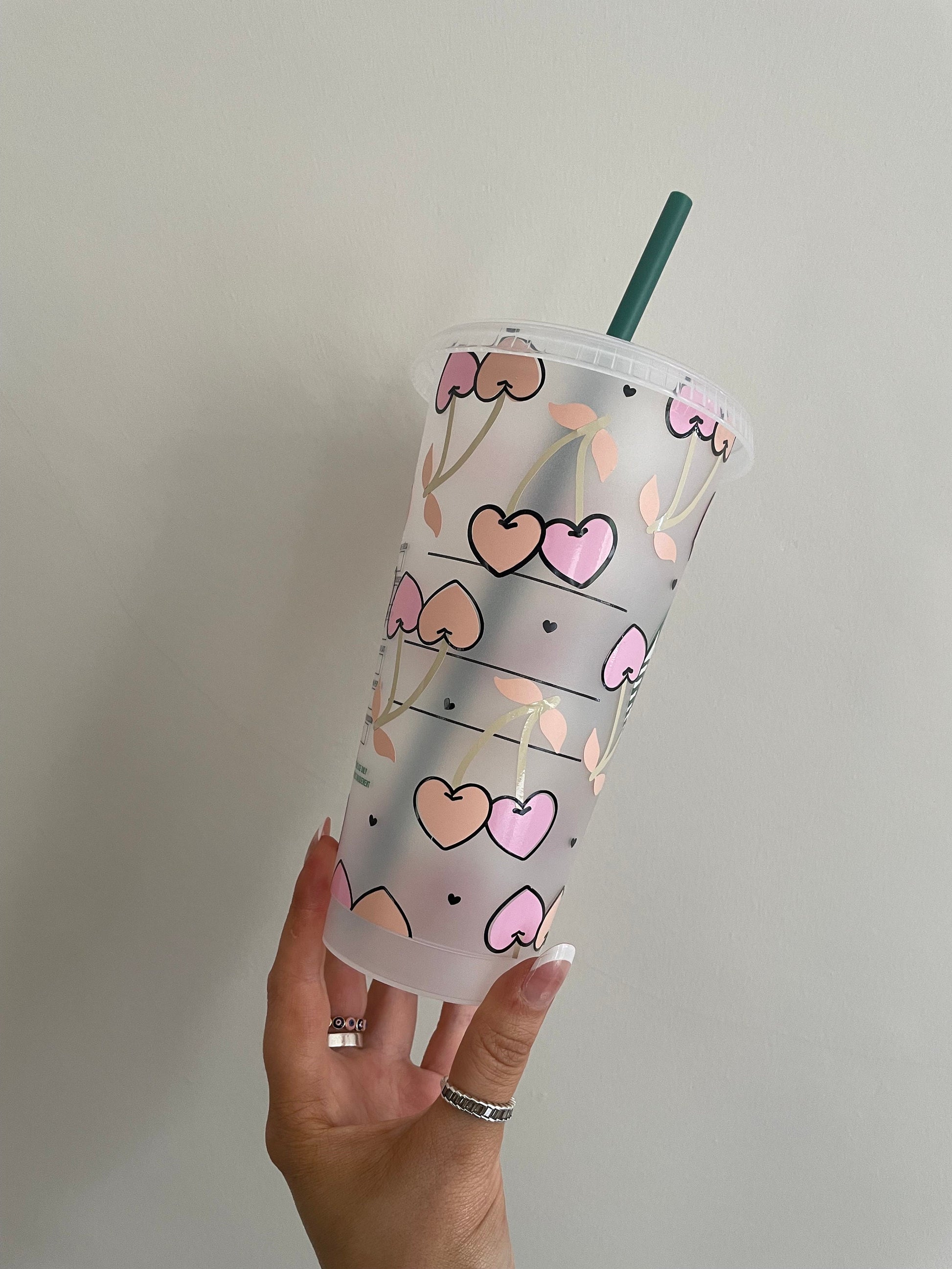 CHERRY HEARTS | Cute Custom Cold Cup UK | Retro Preppy Theme Tumbler Designs | Customisable Cold Cups | Straw and Lid Included