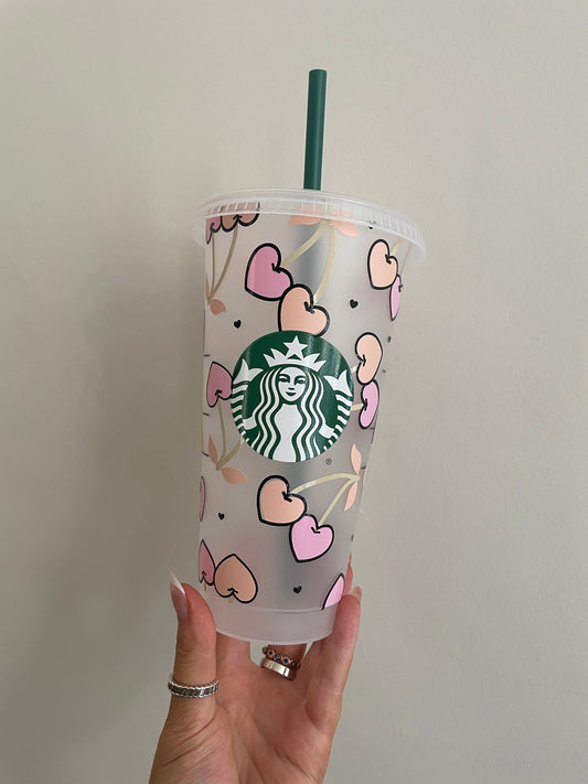 CHERRY HEARTS | Cute Custom Cold Cup UK | Retro Preppy Theme Tumbler Designs | Customisable Cold Cups | Straw and Lid Included