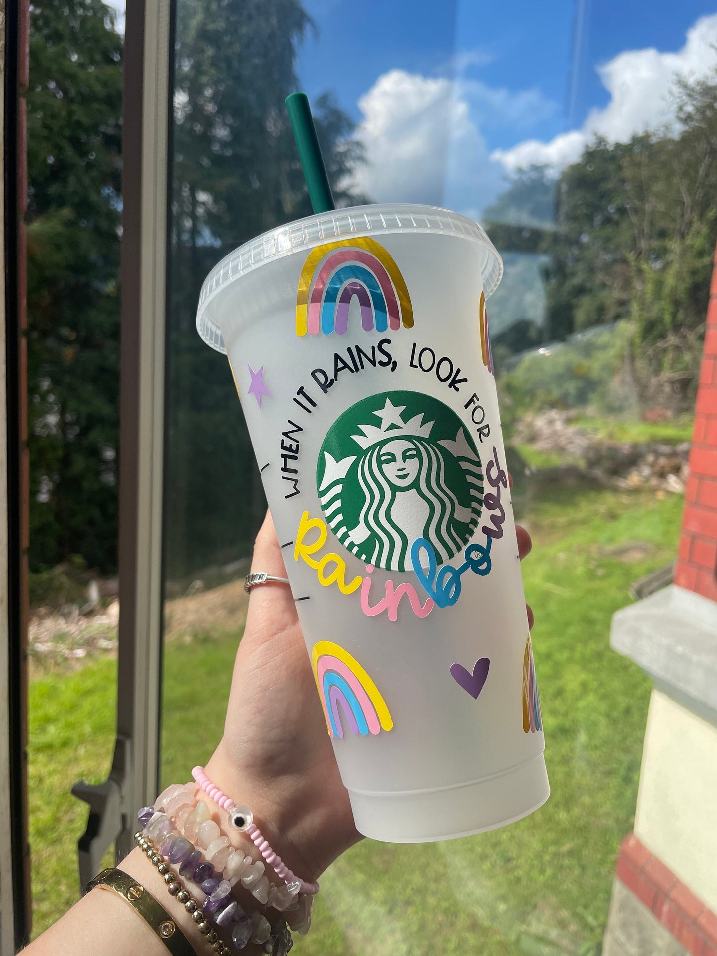 LOOK FOR RAINBOWS Cold Cup | Positivity Rainbow Personalised Starbucks Tumbler | Cute Preppy Custom Iced Coffee Cup | Retro Funky Classy