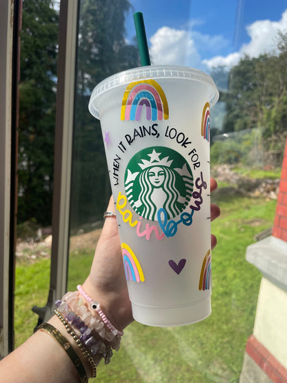 LOOK FOR RAINBOWS Cold Cup | Positivity Rainbow Personalised Starbucks Tumbler | Cute Preppy Custom Iced Coffee Cup | Retro Funky Classy