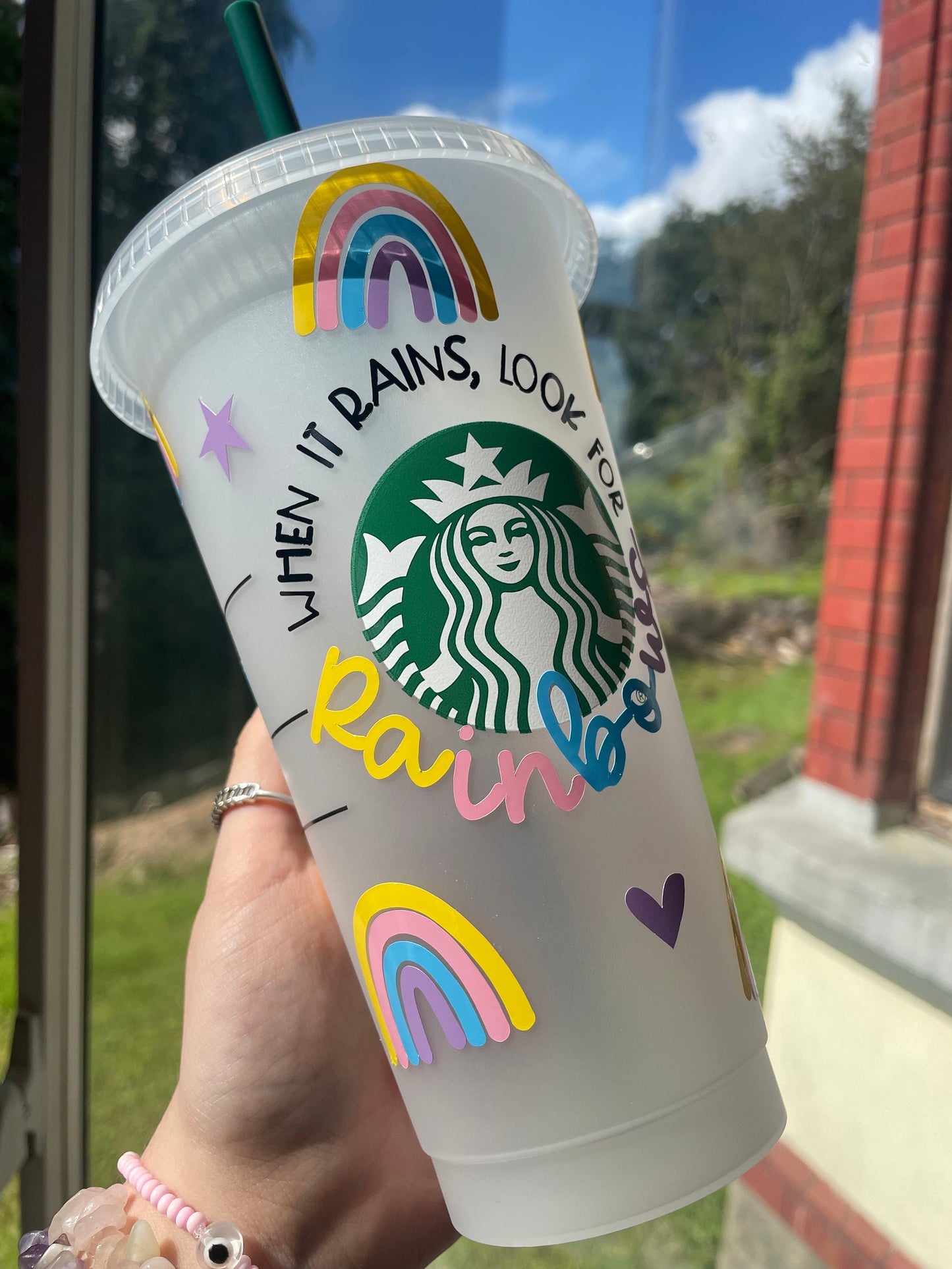 LOOK FOR RAINBOWS Cold Cup | Positivity Rainbow Personalised Starbucks Tumbler | Cute Preppy Custom Iced Coffee Cup | Retro Funky Classy