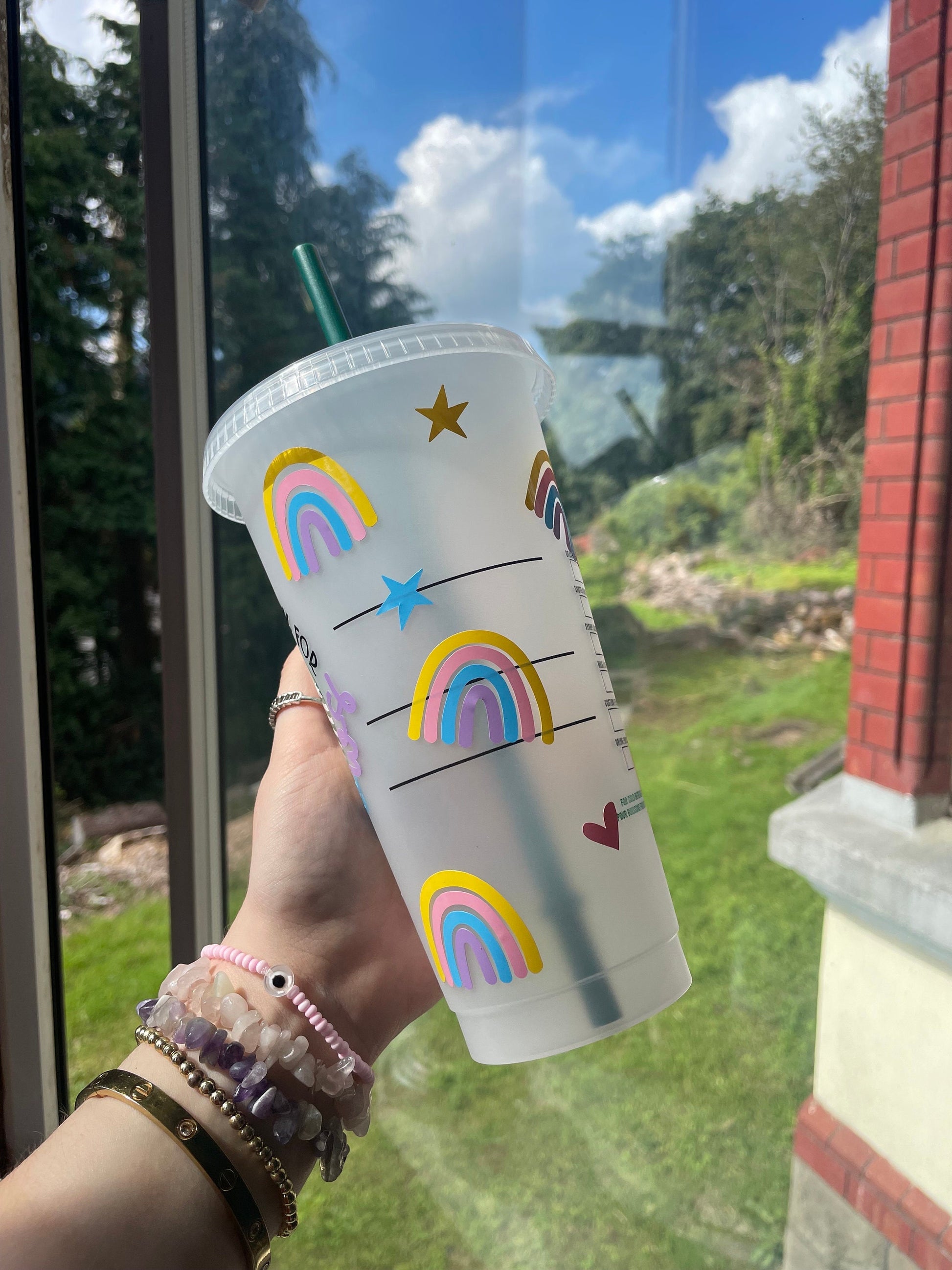 LOOK FOR RAINBOWS Cold Cup | Positivity Rainbow Personalised Starbucks Tumbler | Cute Preppy Custom Iced Coffee Cup | Retro Funky Classy