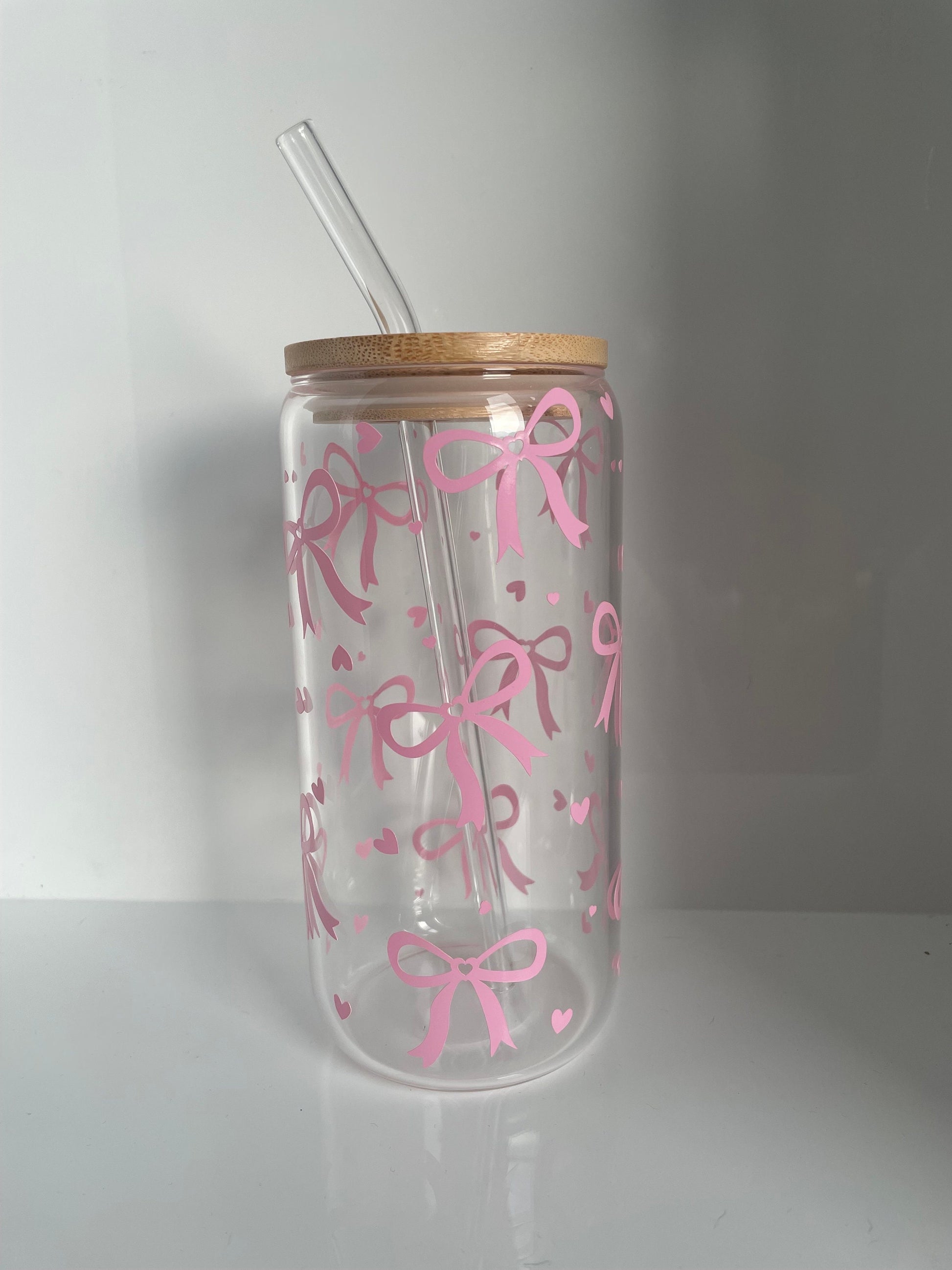 PRETTY BOWS Glass Cup | Glass Can Lid and Straw included | Coquette Girly Y2K Pink Aesthetic Bow Preppy Can Drinkware