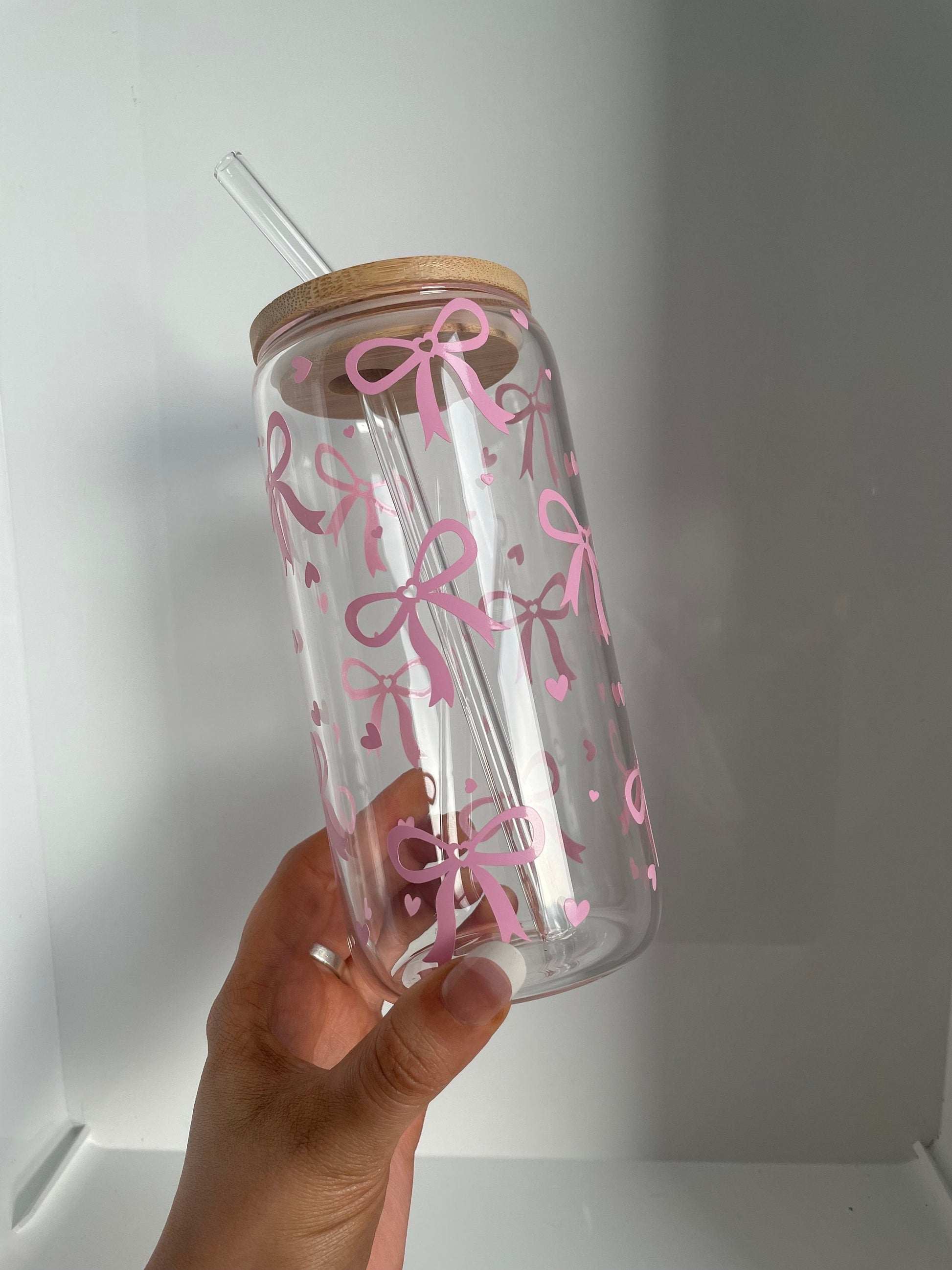 PRETTY BOWS Glass Cup | Glass Can Lid and Straw included | Coquette Girly Y2K Pink Aesthetic Bow Preppy Can Drinkware