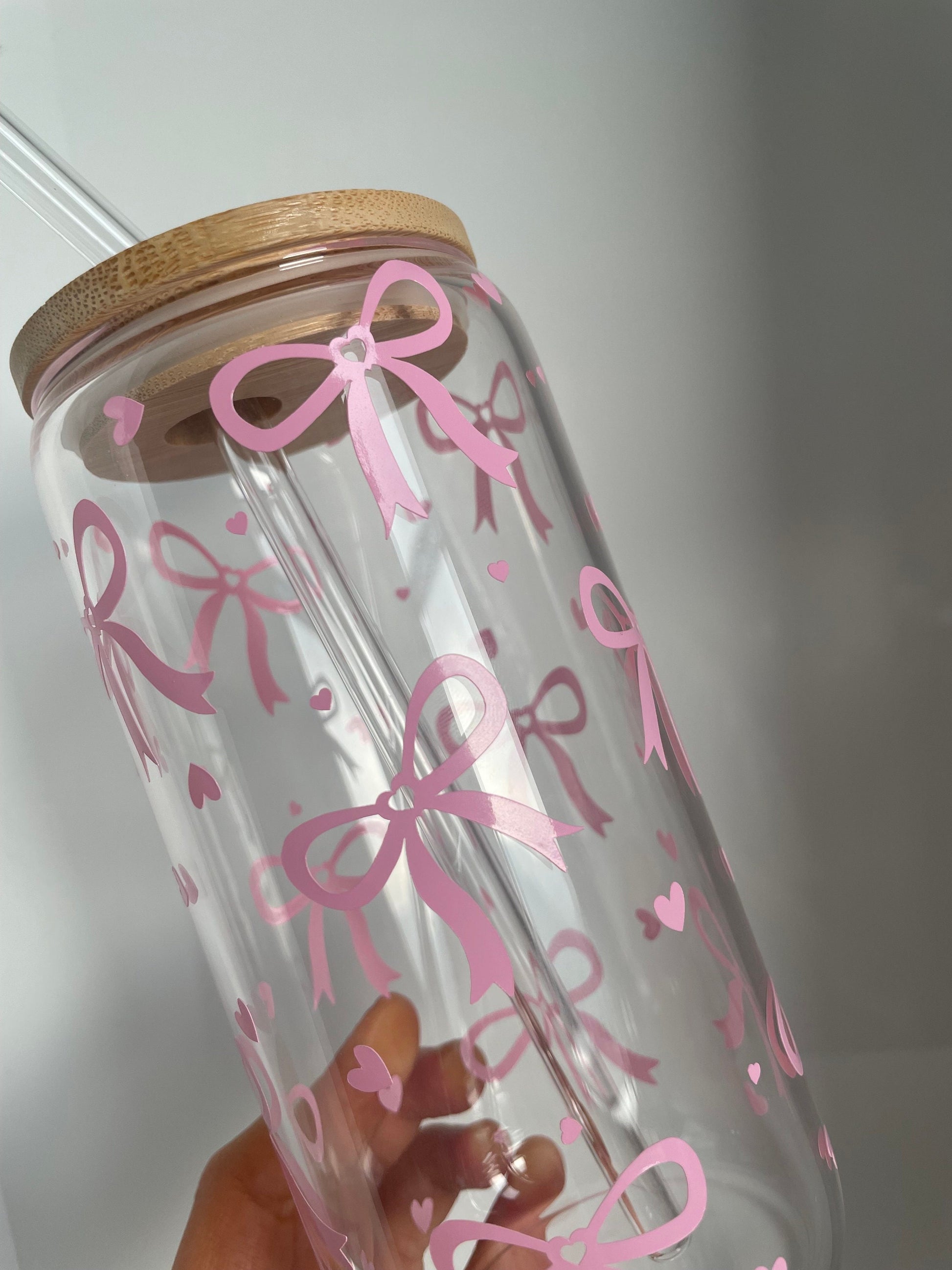 PRETTY BOWS Glass Cup | Glass Can Lid and Straw included | Coquette Girly Y2K Pink Aesthetic Bow Preppy Can Drinkware