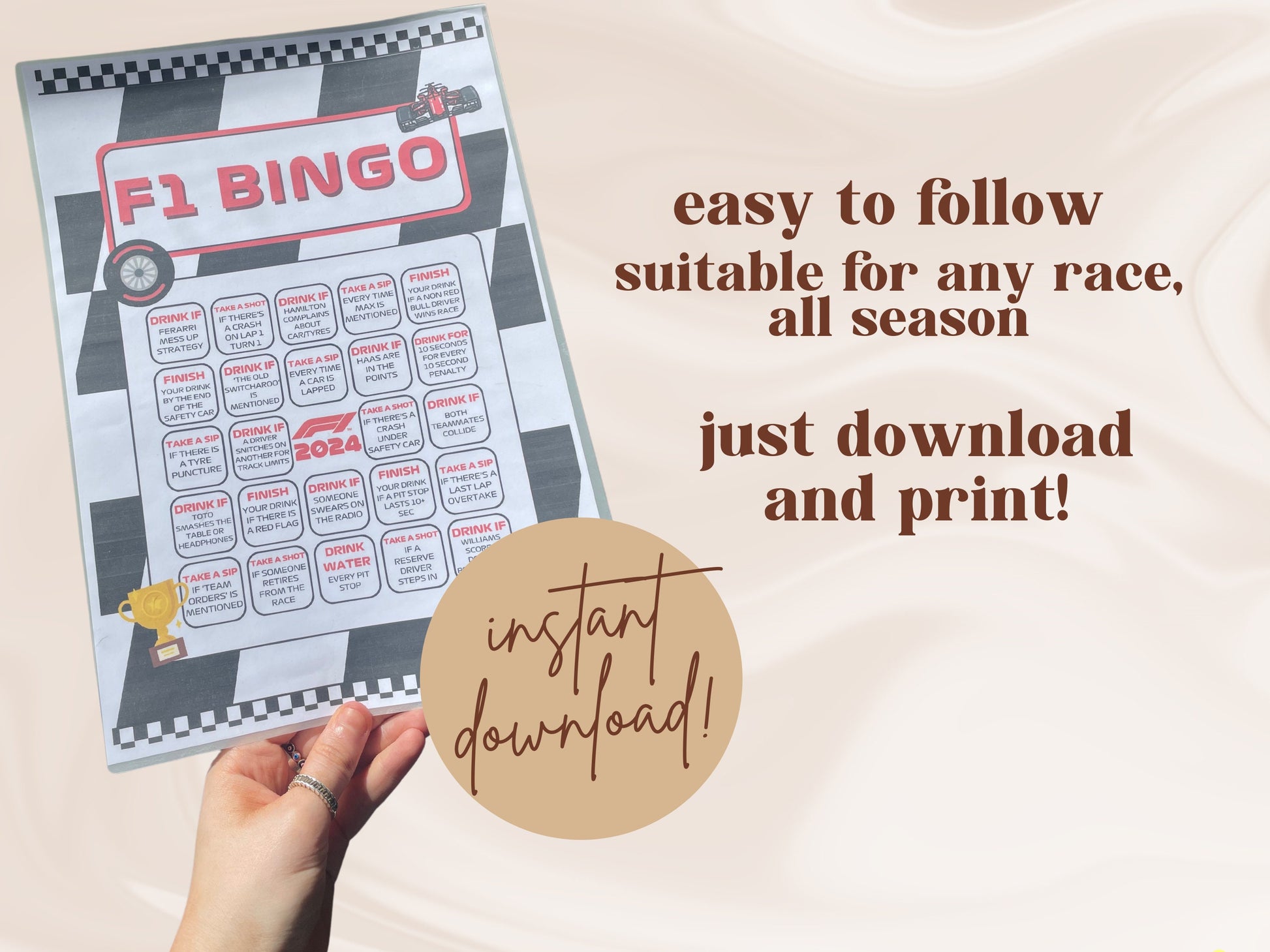 F1 DRINK GAME | Formula 1 Drinking Party Race Weekend Novelty | Digital Download Instant PDF Game Night Formula One Fan Bingo Drink If