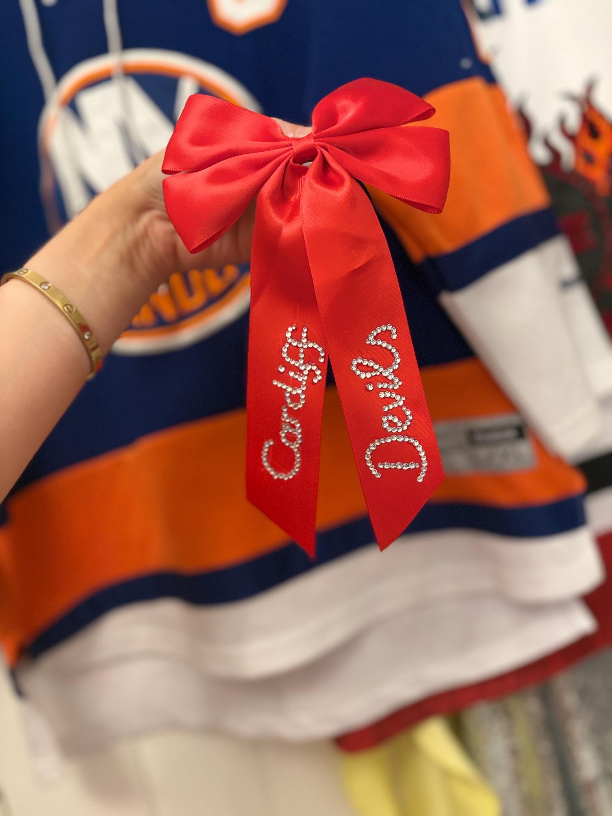 Custom EIHL NHL Team Hair Bow | Personalised Hockey Bow with Team Colours & Diamanté Name Beads | Player Girlfriend Gift | Rink Accessories