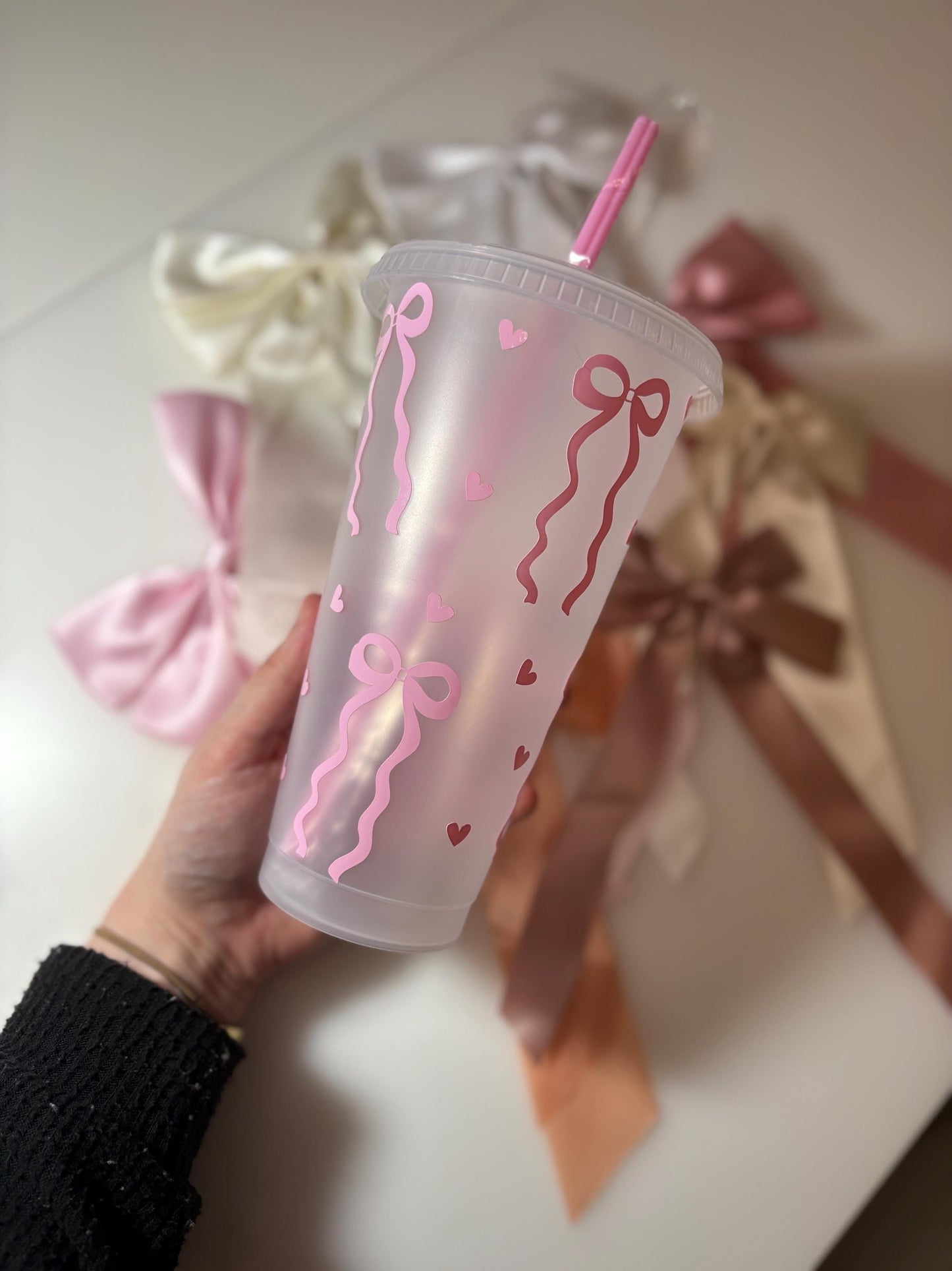 Coquette Bow Cold Cup with Pink Straw | Iced Coffee Tumbler | Bows & Hearts Cup | Coquette Aesthetic | Girly Gift | Kawaii Drinkware