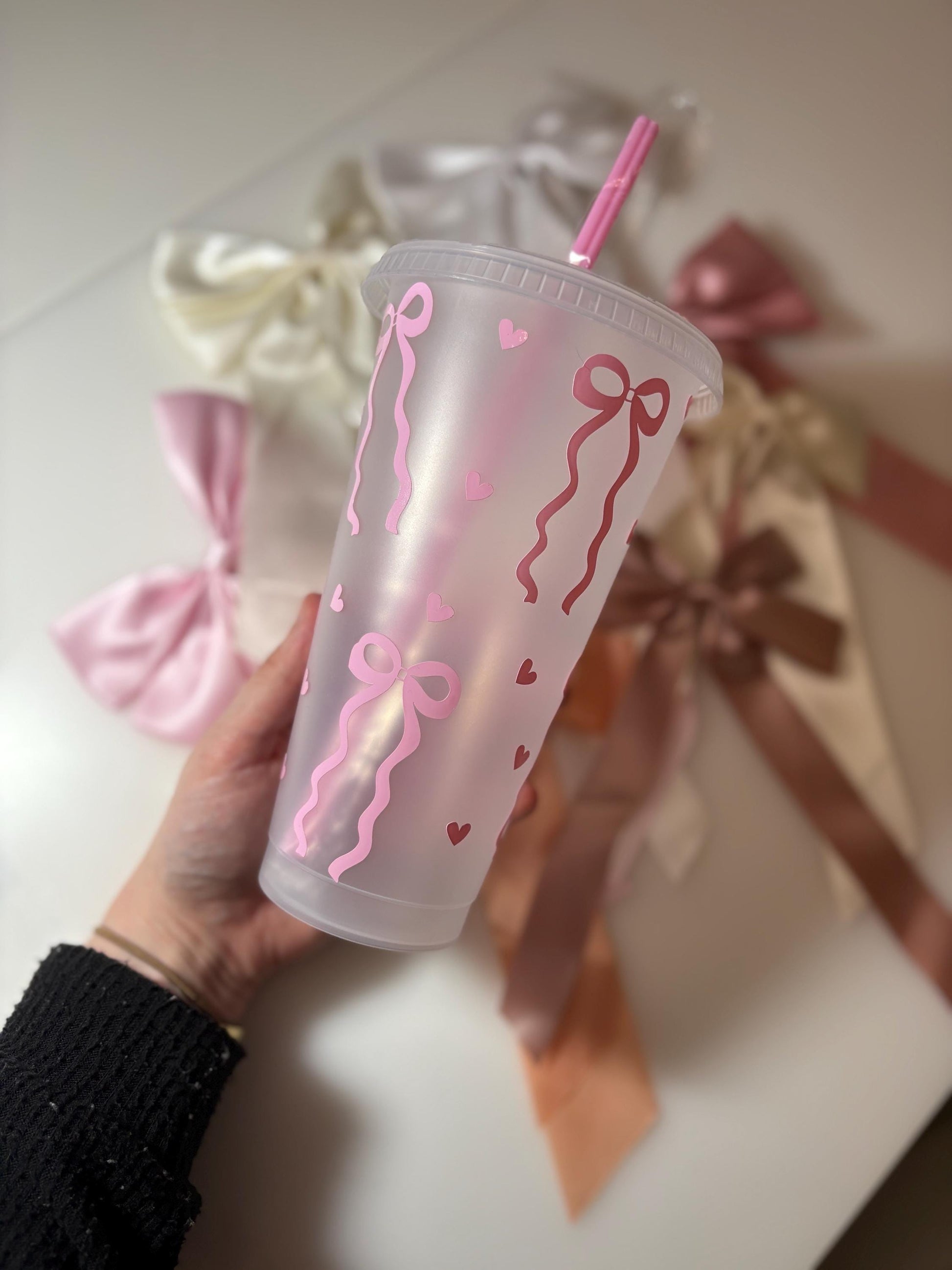 Coquette Bow Cold Cup with Pink Straw | Iced Coffee Tumbler | Bows & Hearts Cup | Coquette Aesthetic | Girly Gift | Kawaii Drinkware