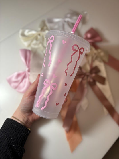 Coquette Bow Cold Cup with Pink Straw | Iced Coffee Tumbler | Bows & Hearts Cup | Coquette Aesthetic | Girly Gift | Kawaii Drinkware