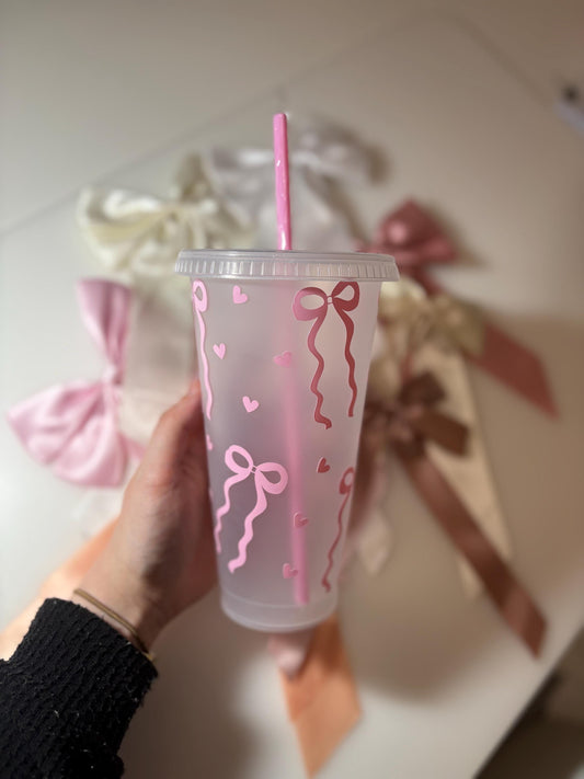 Coquette Bow Cold Cup with Pink Straw | Iced Coffee Tumbler | Bows & Hearts Cup | Coquette Aesthetic | Girly Gift | Kawaii Drinkware