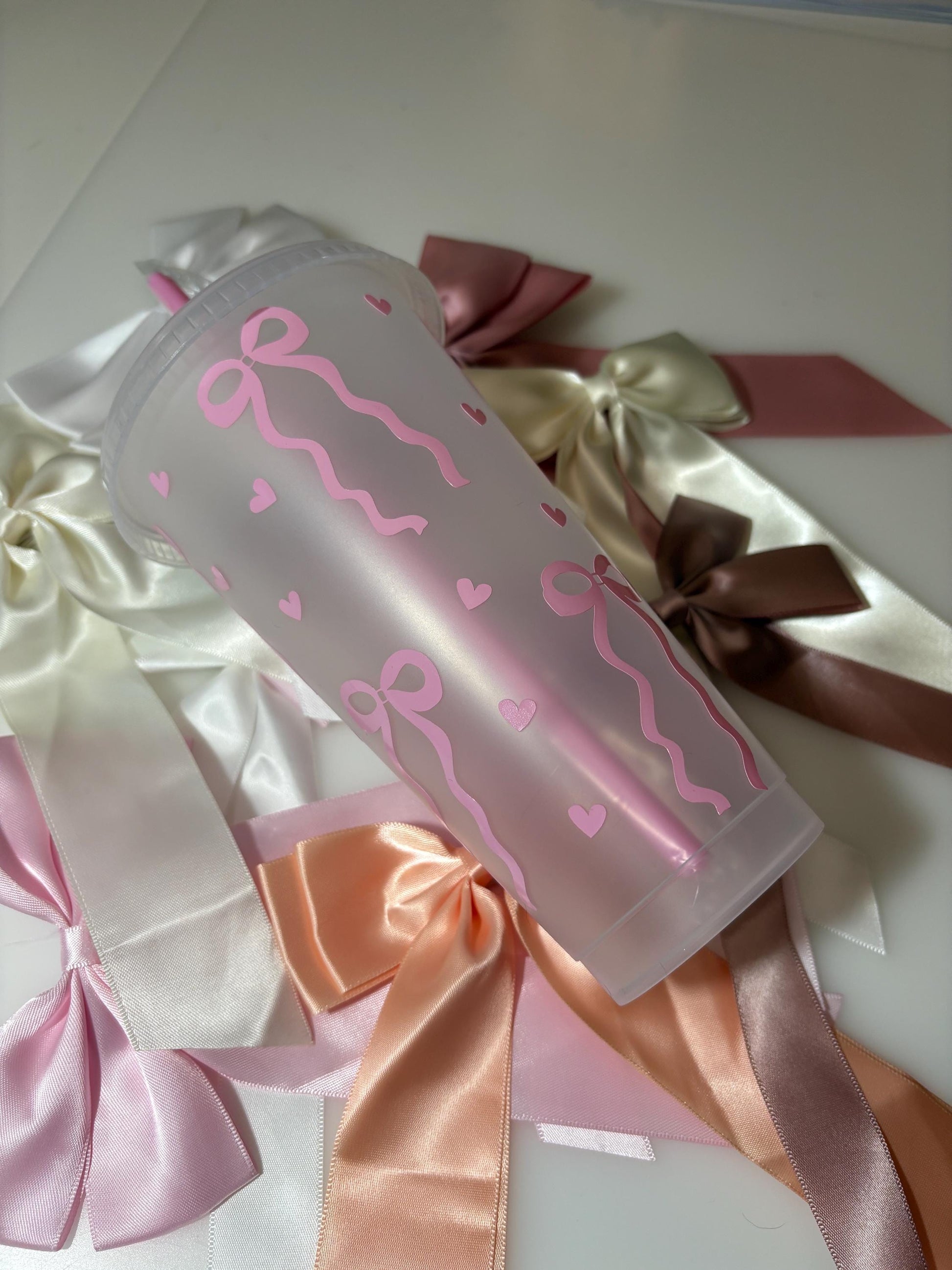 Coquette Bow Cold Cup with Pink Straw | Iced Coffee Tumbler | Bows & Hearts Cup | Coquette Aesthetic | Girly Gift | Kawaii Drinkware