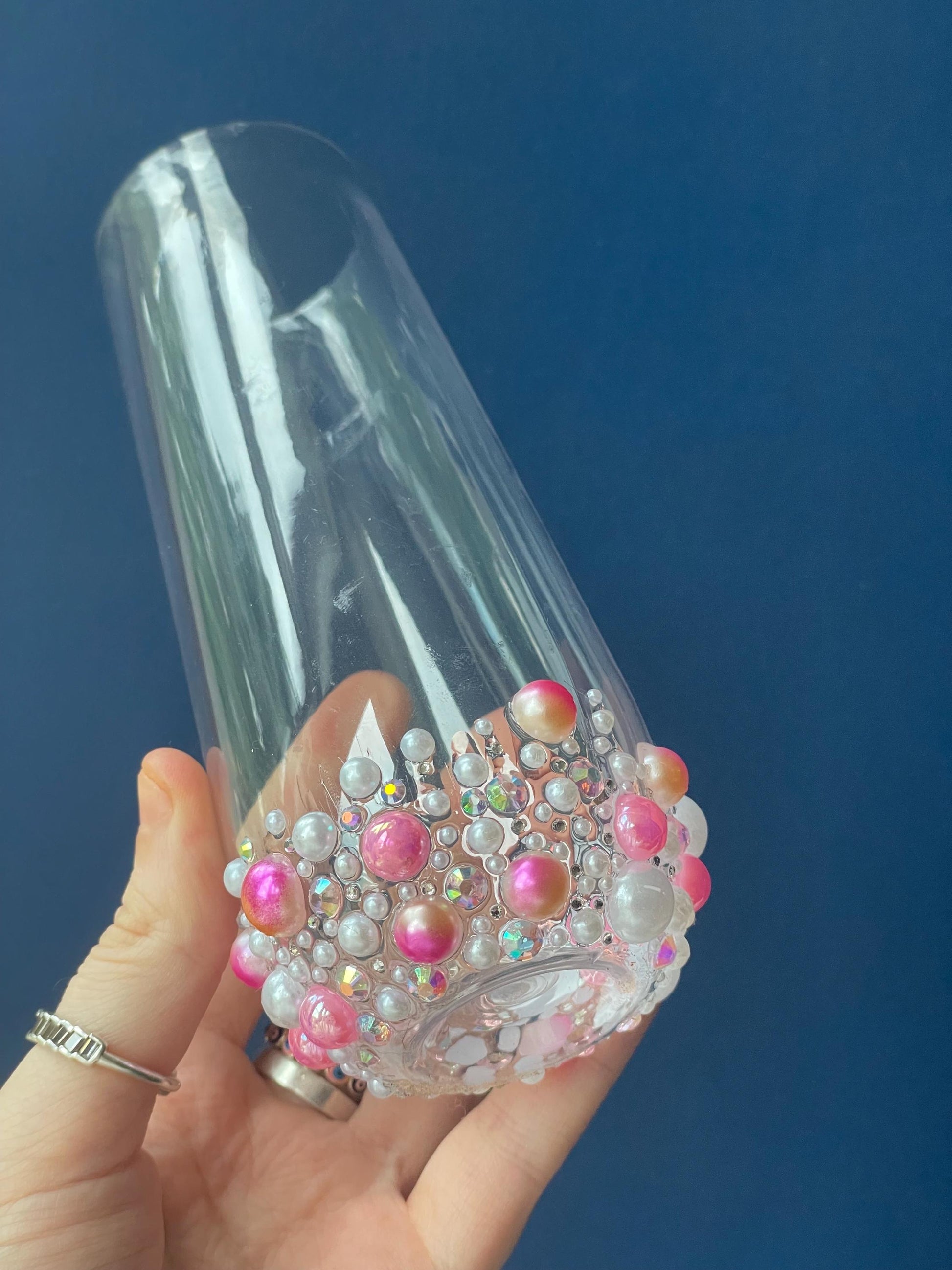 Custom Pearl and Gem Stemless Plastic Flute | Personalised Glass | Bride Hen Party Gift | Birthday Keepsake | Bling Name Cup