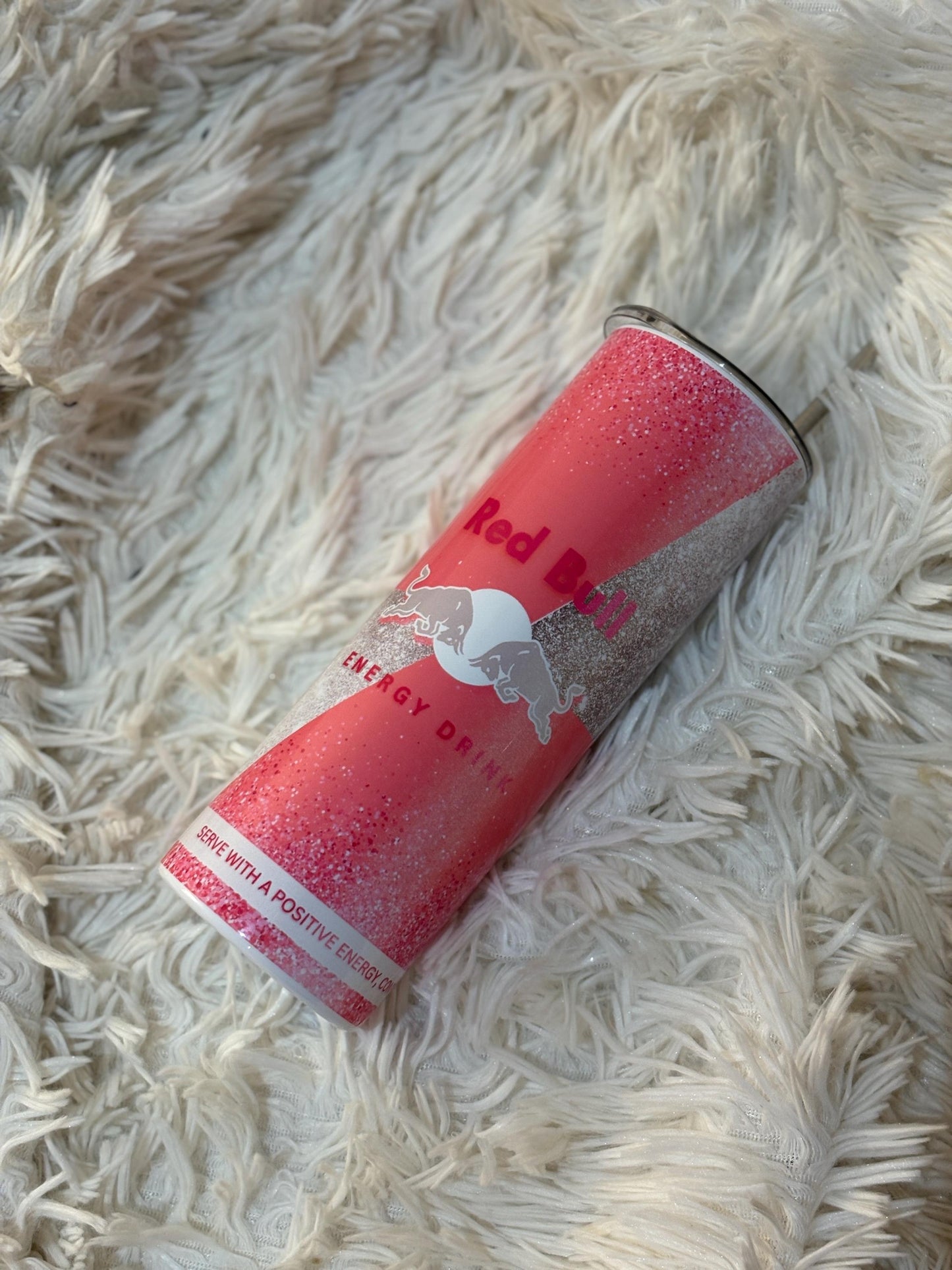 Pink and Silver Glitter Red Bull Inspired Stainless Steel Tumbler with Lid and Straw | Glitter Energy Drink Cup | Custom Gift for Her