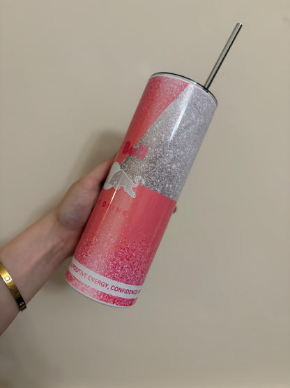 Pink and Silver Glitter Red Bull Inspired Stainless Steel Tumbler with Lid and Straw | Glitter Energy Drink Cup | Custom Gift for Her