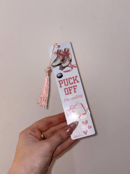 Puck Off I’m Reading Metal Bookmark with Pink Tassel | Ice Hockey Romance Sports Bookmark, BookTok Hockey Merch Skater Icebreaker Off Campus