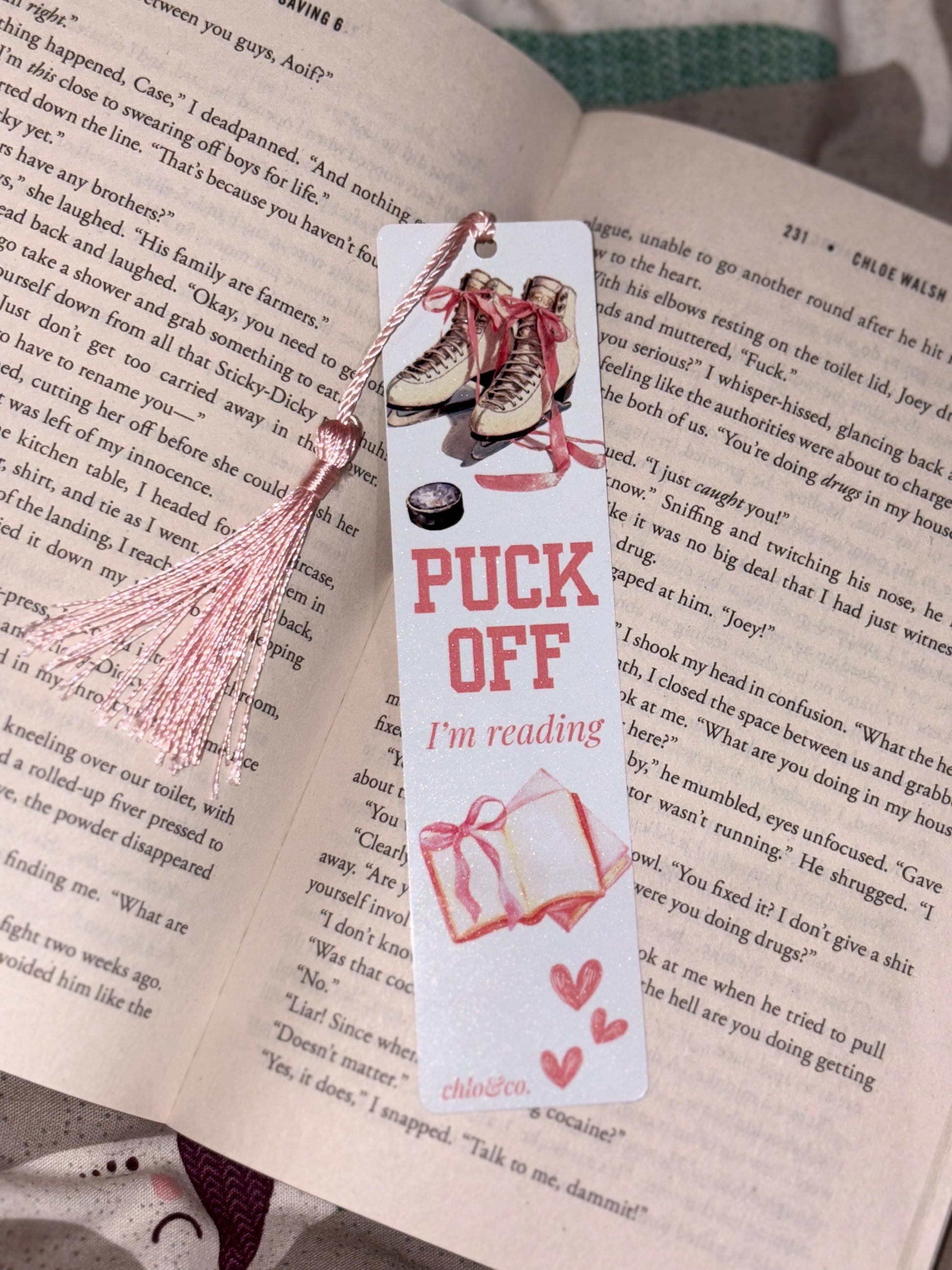 Puck Off I’m Reading Metal Bookmark with Pink Tassel | Ice Hockey Romance Sports Bookmark, BookTok Hockey Merch Skater Icebreaker Off Campus