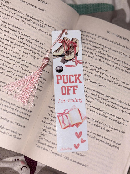 Puck Off I’m Reading Metal Bookmark with Pink Tassel | Ice Hockey Romance Sports Bookmark, BookTok Hockey Merch Skater Icebreaker Off Campus