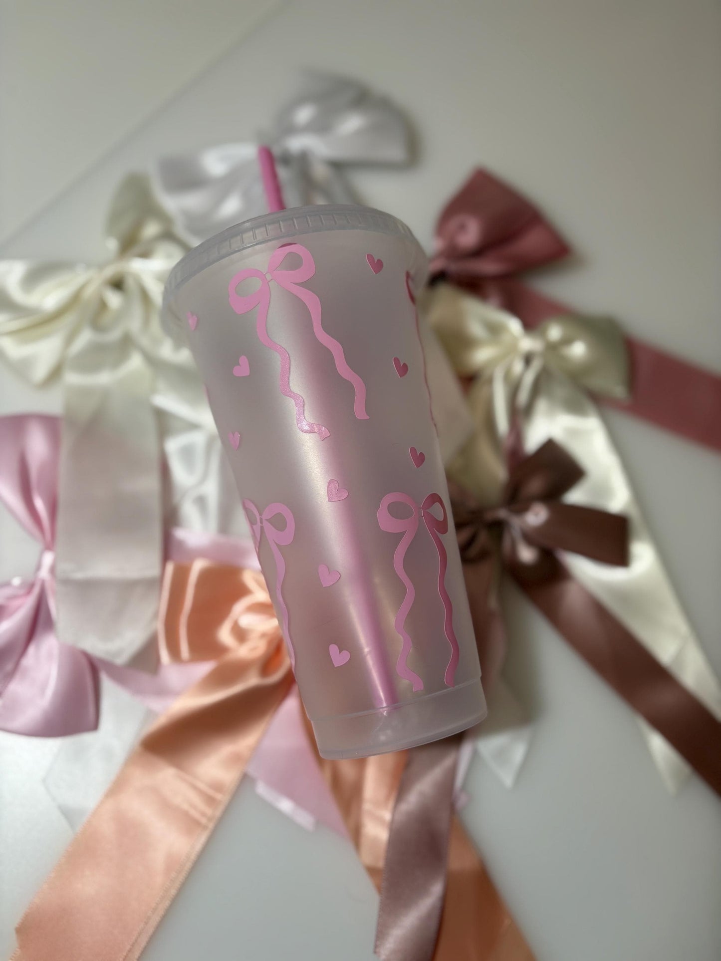 Coquette Bow Cold Cup with Pink Straw | Iced Coffee Tumbler | Bows & Hearts Cup | Coquette Aesthetic | Girly Gift | Kawaii Drinkware