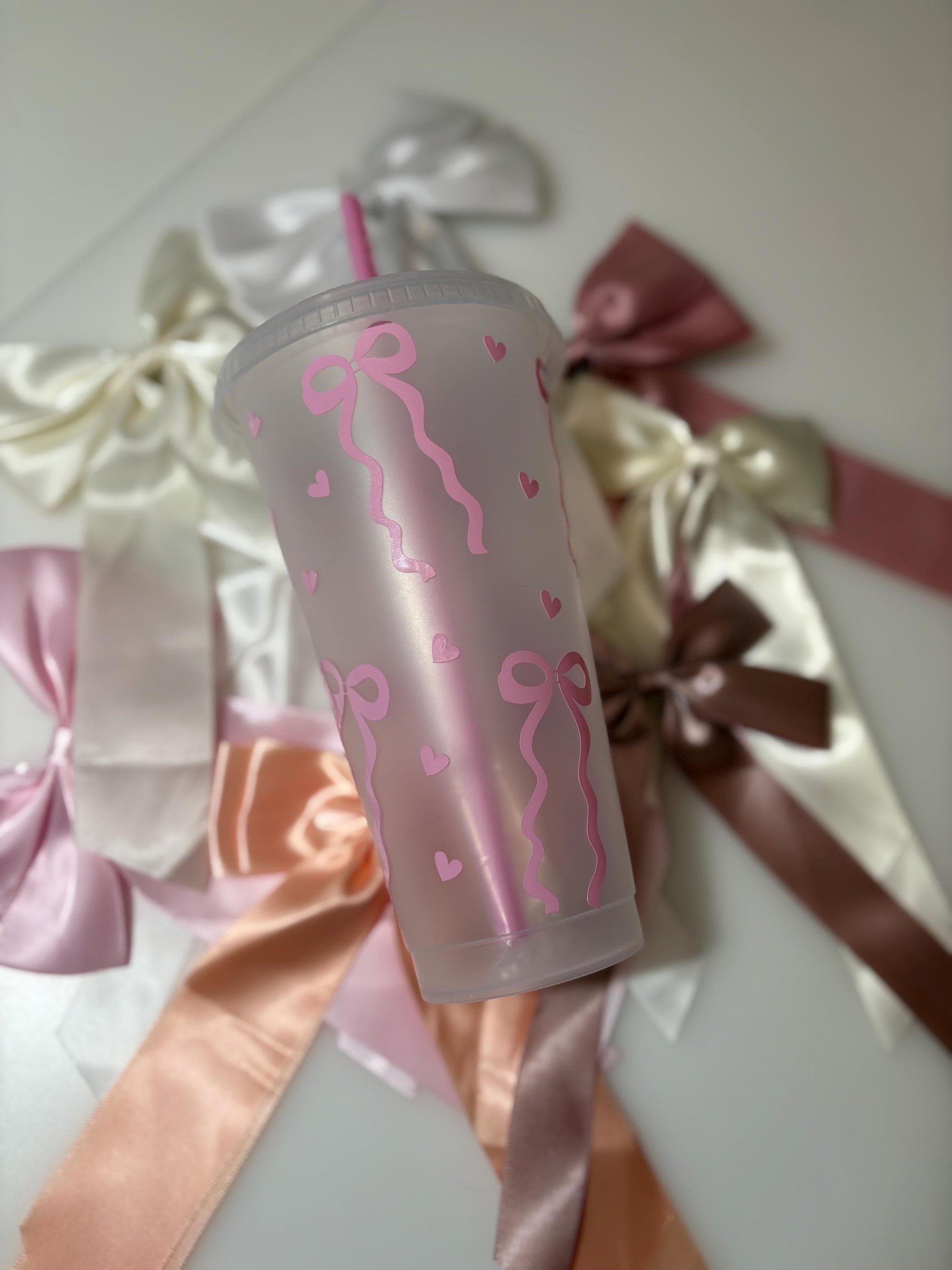 Coquette Bow Cold Cup with Pink Straw | Iced Coffee Tumbler | Bows & Hearts Cup | Coquette Aesthetic | Girly Gift | Kawaii Drinkware