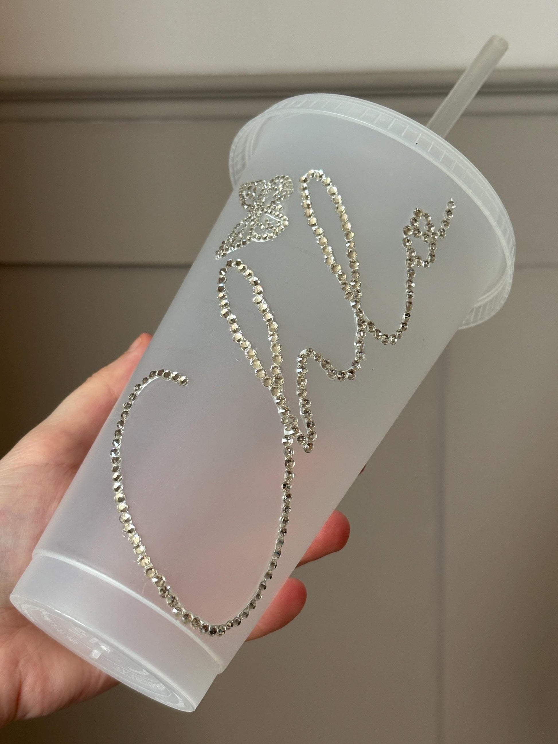 Personalised Diamanté Cold Cup with Optional Butterfly Accent Custom Name Bling Cup, Rhinestone Tumbler, Frosted Reusable Cup, Gift for Her