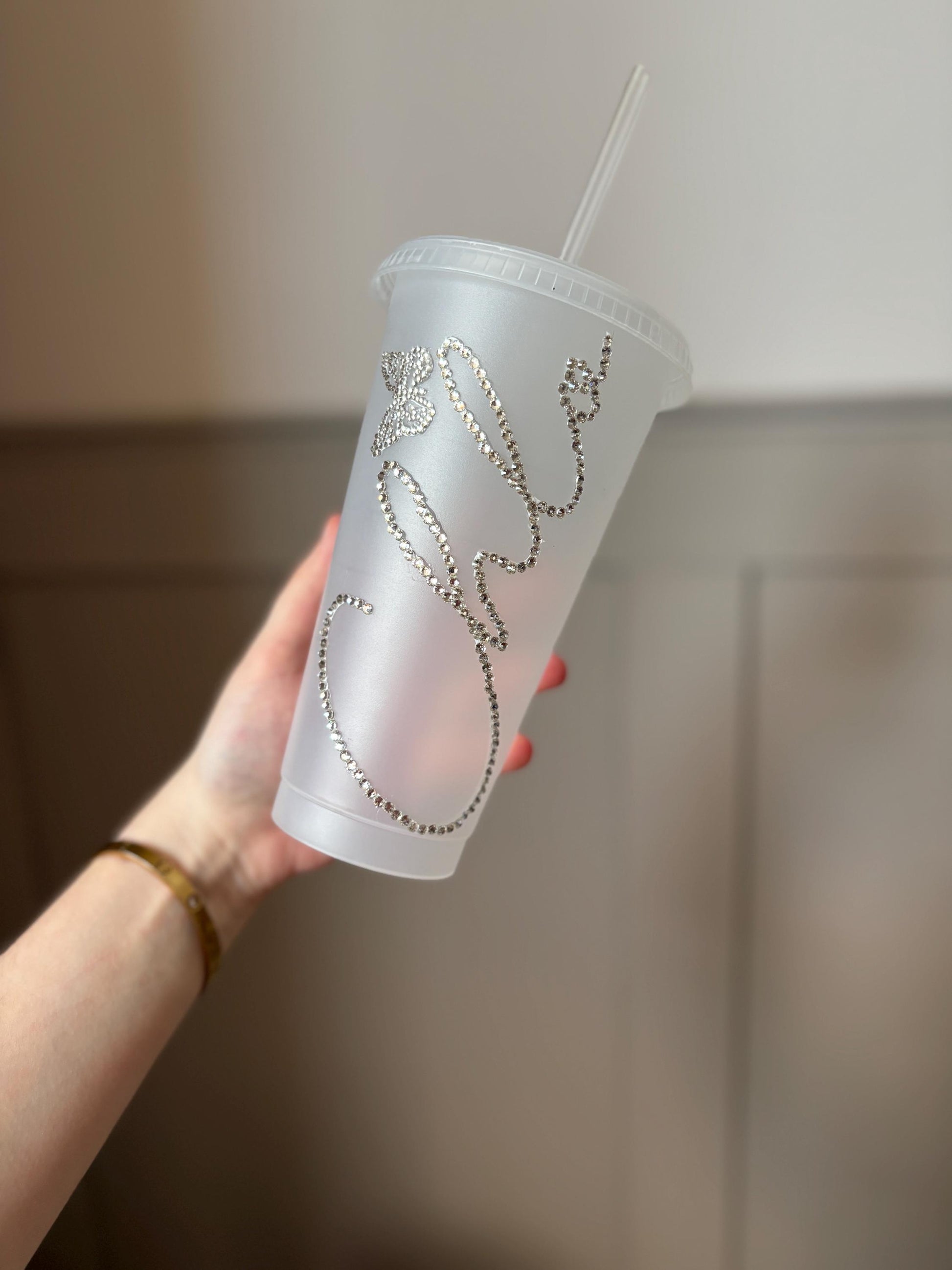 Personalised Diamanté Cold Cup with Optional Butterfly Accent Custom Name Bling Cup, Rhinestone Tumbler, Frosted Reusable Cup, Gift for Her