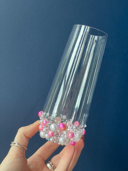 Custom Pearl and Gem Stemless Plastic Flute | Personalised Glass | Bride Hen Party Gift | Birthday Keepsake | Bling Name Cup