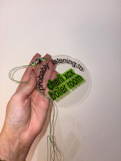 Probably Listening to Charli XCX Boiler Room Car Mirror Charm | Brat Era Acrylic Hanging Accessory Sign with Evil Eye Beads | chlo&co.