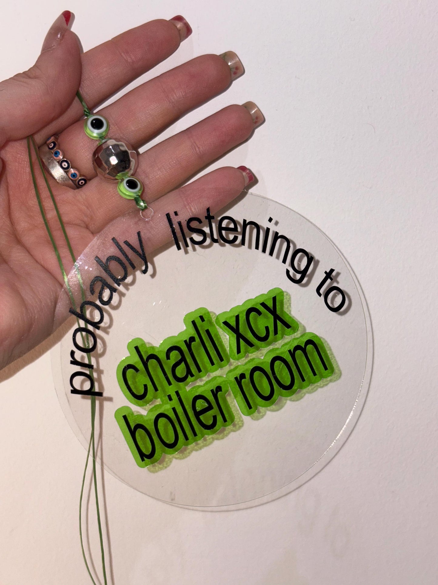 Probably Listening to Charli XCX Boiler Room Car Mirror Charm | Brat Era Acrylic Hanging Accessory Sign with Evil Eye Beads | chlo&co.
