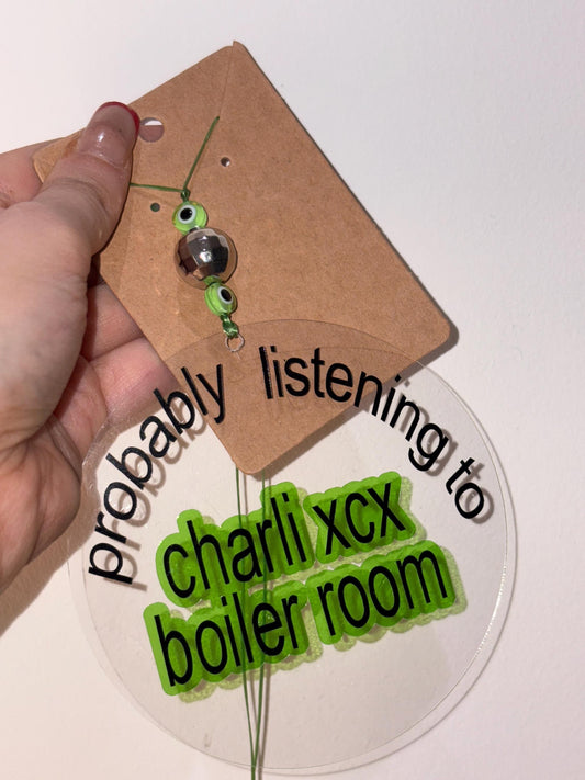 Probably Listening to Charli XCX Boiler Room Car Mirror Charm | Brat Era Acrylic Hanging Accessory Sign with Evil Eye Beads | chlo&co.