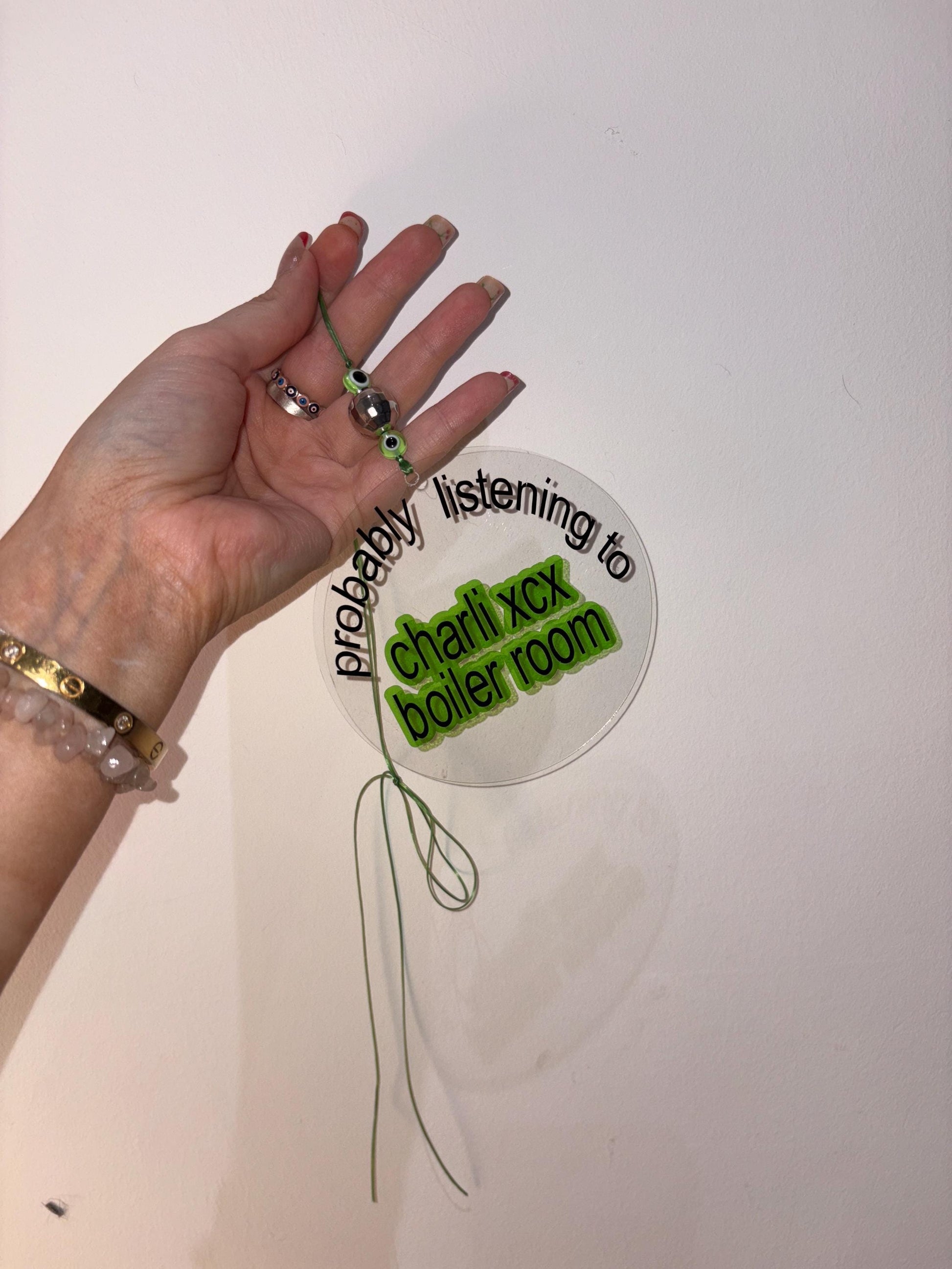 Probably Listening to Charli XCX Boiler Room Car Mirror Charm | Brat Era Acrylic Hanging Accessory Sign with Evil Eye Beads | chlo&co.