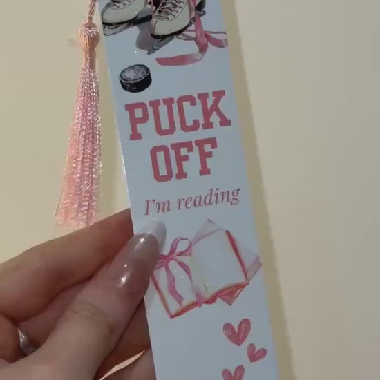 Puck Off I’m Reading Metal Bookmark with Pink Tassel | Ice Hockey Romance Sports Bookmark, BookTok Hockey Merch Skater Icebreaker Off Campus